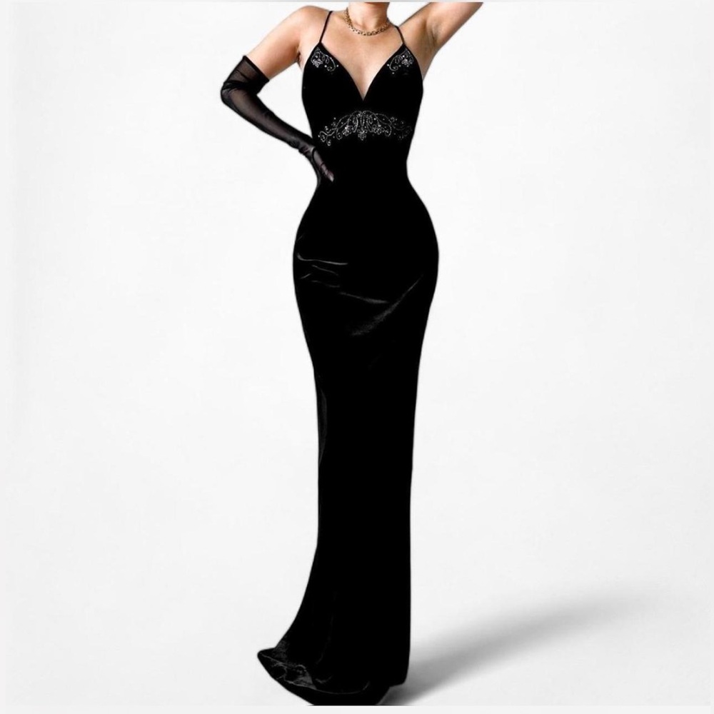 Black hand beaded vintage y2k prom, hoco, upscale maxi dress